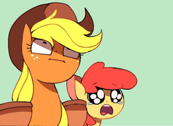 Size: 637x464 | Tagged: safe, artist:karzahnii, apple bloom, applejack, g4, :i, crying, reaction image, simple background, voyeur