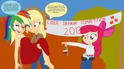 Size: 1196x667 | Tagged: safe, artist:garretthegarret, color edit, apple bloom, applejack, rainbow dash, equestria girls, g4, bare shoulders, barefoot, blushing, bridal carry, carrying, clothes, dialogue, drunk, drunker dash, feet, frilly underwear, hallucination, humanized, light skin, nudity, panties, underwear