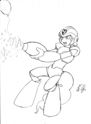 Size: 586x800 | Tagged: safe, artist:dj-black-n-white, oc, oc only, oc:pogo, satyr, balloon, clothes, confetti, cosplay, costume, crossover, mega man (series), megaman x, monochrome, offspring, parent:pinkie pie, party cannon, solo, streamers
