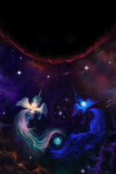 Size: 1200x1800 | Tagged: safe, artist:assasinmonkey, princess celestia, princess luna, alicorn, pony, g4, earth, flying, glowing, space, surreal, tangible heavenly object, working