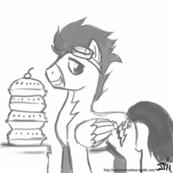 Size: 800x800 | Tagged: source needed, safe, artist:johnjoseco, soarin', pegasus, pony, g4, clothes, grayscale, grin, male, monochrome, pie, simple background, sketch, smiling, solo, stallion, that pony sure does love pies, this will end in weight gain, uniform, white background, wonderbolts uniform