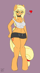 Size: 1061x1920 | Tagged: safe, artist:ensayne, applejack, earth pony, anthro, unguligrade anthro, ask sexy applejack, g4, bedroom eyes, belly button, choker, clothes, female, heart, shorts, simple background, solo, tank top