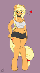 Size: 1061x1920 | Tagged: safe, artist:ensayne, applejack, earth pony, anthro, unguligrade anthro, ask sexy applejack, g4, bedroom eyes, belly button, choker, clothes, female, heart, simple background, skirt, solo, tank top