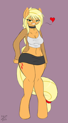 Size: 1061x1920 | Tagged: safe, artist:ensayne, applejack, earth pony, anthro, unguligrade anthro, ask sexy applejack, g4, bedroom eyes, belly button, choker, clothes, female, heart, jacket, simple background, skirt, solo, tank top