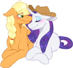 Size: 543x506 | Tagged: safe, artist:the-chibster, applejack, rarity, earth pony, pony, unicorn, g4, accessory swap, blushing, cowboy hat, eyes closed, female, hat, lesbian, mare, ship:rarijack, shipping, simple background, smiling, stetson, transparent background