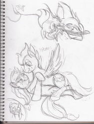 Size: 2552x3380 | Tagged: dead source, safe, artist:enigmaticfrustration, applejack, soarin', oc, earth pony, pegasus, pony, g4, apple bourbon, enchantment, female, male, offspring, shipping, sketch, stallion, straight, traditional art