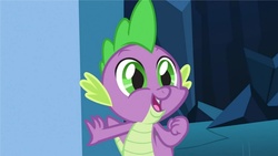 Size: 912x513 | Tagged: safe, screencap, spike, dragon, g4, the crystal empire, cute, happy, male, open mouth, reaction image, smiling, solo