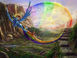 Size: 1584x1188 | Tagged: safe, artist:viwrastupr, rainbow dash, pegasus, pony, g4, detailed, female, flying, grin, mountain, outdoors, rainbow trail, river, scenery, scenery porn, smiling, solo, sonic rainboom, spread wings, trail, wallpaper