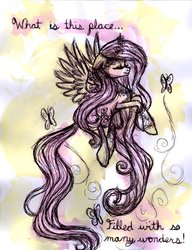 Size: 1672x2182 | Tagged: safe, artist:frostykat13, fluttershy, butterfly, g4, female, solo, text, traditional art