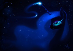 Size: 1111x776 | Tagged: safe, artist:scheadar, nightmare moon, g4, bedroom eyes, female, looking at you, magic, portrait, smiling, solo, stars