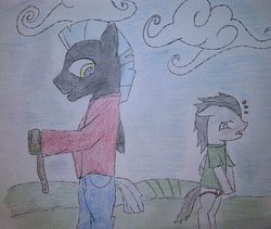 Size: 576x486 | Tagged: safe, artist:ponyalexis, rumble, thunderlane, g4, assisted exposure, belt, briefs, clothes, clothing theft, humiliation, pantsing, prank, traditional art, underwear, undressing