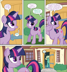 Size: 747x795 | Tagged: safe, artist:thom zahler, edit, idw, official comic, jade singer, summer mane, twilight sparkle, pony, unicorn, g4, micro-series #1, my little pony micro-series, charity, comic, dialogue, duo, duo female, female, horn, mare, smiling, speech bubble, text edit, threat, unicorn twilight