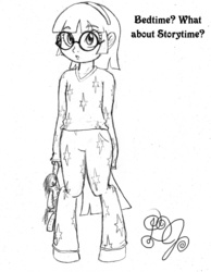 Size: 776x1000 | Tagged: safe, artist:dj-black-n-white, oc, oc only, oc:glimmer, satyr, clothes, dialogue, doll, glasses, monochrome, pajamas, parent:twilight sparkle, solo, young
