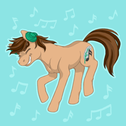 Size: 500x500 | Tagged: safe, artist:lenorespacey, oc, oc only, oc:mix tape, earth pony, pony, blue background, cute, dancing, eyes closed, grin, headphones, male, music notes, raised hoof, raised leg, simple background, smiling, solo, stallion