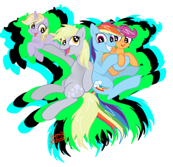 Size: 5600x5400 | Tagged: safe, artist:vegemiteguzzler, derpy hooves, dinky hooves, rainbow dash, scootaloo, pegasus, pony, g4, absurd resolution, equestria's best mother, female, mare, scootalove