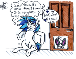 Size: 3924x3036 | Tagged: safe, artist:vegemiteguzzler, dj pon-3, octavia melody, vinyl scratch, g4, dialogue, door, female, hiding, implied octavia melody, offscreen character, scared, solo