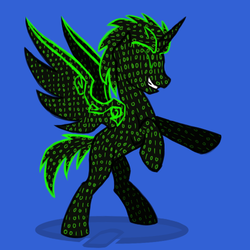 Size: 500x500 | Tagged: safe, artist:anjevalart, oc, oc only, alicorn, pony, alicorn oc, binary, bipedal, blue background, code, grin, horn, male, open mouth, rearing, simple background, smiling, solo, spread wings, stallion, the matrix, vipony, wings
