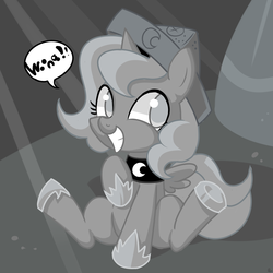 Size: 2000x2000 | Tagged: safe, artist:renokim, princess luna, pony, moonstuck, g4, cartographer's cap, female, filly, grayscale, hat, monochrome, sitting, solo, woona