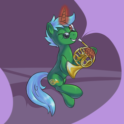 Size: 500x500 | Tagged: safe, artist:yeendip, oc, oc only, oc:blue note, pony, unicorn, commission, freckles, french horn, french horn cutie mark, green, green pony, green unicorn, levitation, looking at you, magic, male, musical instrument, one eye closed, solo, stallion, telekinesis, wink, winking at you