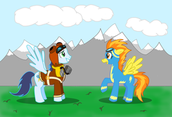 Size: 1642x1116 | Tagged: safe, artist:laptopgun, soarin', spitfire, g4, 40s, clothes, goggles, mountain, pilot, uniform, wonderbolts uniform