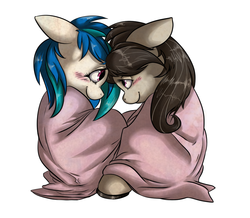 Size: 963x841 | Tagged: safe, artist:tilly-towell, artist:vicse, dj pon-3, octavia melody, vinyl scratch, earth pony, pony, unicorn, g4, blushing, duo, eye contact, female, lesbian, looking at each other, ship:scratchtavia, shipping, simple background, white background