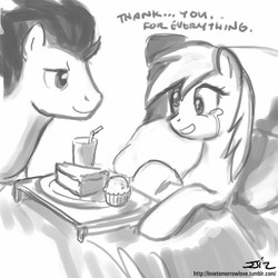 Size: 850x850 | Tagged: safe, artist:johnjoseco, derpy hooves, soarin', pegasus, pony, g4, bed, breakfast in bed, derpin', female, grayscale, male, mare, monochrome, muffin, pie, shipping, stallion, straight