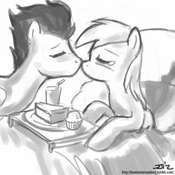 Size: 850x850 | Tagged: safe, artist:johnjoseco, derpy hooves, soarin', pegasus, pony, g4, bed, breakfast in bed, derpin', female, grayscale, kissing, male, mare, monochrome, pie, shipping, stallion, straight