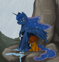 Size: 600x628 | Tagged: safe, artist:yoonny92, princess luna, oc, oc:klan, alicorn, pony, g4, alicorn oc, colt, covering, heterochromia, male, rain, wet, wing umbrella, wings