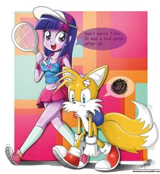 Size: 859x930 | Tagged: safe, artist:the-butch-x, twilight sparkle, equestria girls, g4, belly button, clothes, crossover, duo, male, midriff, miles "tails" prower, skirt, sonic the hedgehog (series), speed problems in the comments, tennis, tennis racket, visor