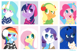 Size: 1587x1037 | Tagged: safe, artist:coggler, applejack, fluttershy, pinkie pie, princess celestia, princess luna, rainbow dash, rarity, twilight sparkle, g4, clothes, earmuffs, hat, mane six, scarf