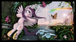 Size: 1199x666 | Tagged: safe, artist:auroriia, twilight sparkle, alicorn, butterfly, pony, g4, female, flower, forest, mare, moon, rainbow, solo, twilight sparkle (alicorn)