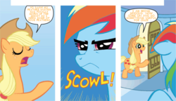 Size: 833x479 | Tagged: safe, artist:tony fleecs, edit, idw, applejack, rainbow dash, g4, appletroll, comic, text edit