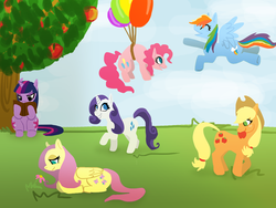 Size: 900x675 | Tagged: source needed, safe, artist:dilemarex, applejack, fluttershy, pinkie pie, rainbow dash, rarity, twilight sparkle, earth pony, pegasus, pony, unicorn, g4, apple, apple tree, balloon, book, female, flower, flying, food, mane six, mare, mouth hold, reading, then watch her balloons lift her up to the sky, tree, unicorn twilight