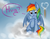 Size: 1374x1080 | Tagged: safe, artist:nyunimu, rainbow dash, pegasus, pony, g4, :o, bronybait, cheek fluff, cloud, cloudy, cute, dashabetes, ear fluff, female, fluffy, heart, hug request, leg fluff, looking at you, mare, rainbow, raised hoof, shoulder fluff, sitting, solo, speech bubble, text, wing fluff