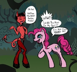 Size: 517x480 | Tagged: safe, artist:soulveiwinterfall, pinkie pie, devil, g4, deal with the devil, dialogue, duo, satan, soul, too dumb to live