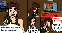 Size: 700x374 | Tagged: safe, artist:antooncartoon, gilda, rainbow dash, griffon, human, g4, black lagoon, brony, caught, comic, door, revy, rock (black lagoon), voice actor joke