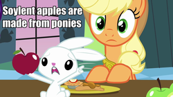 Size: 960x540 | Tagged: safe, angel bunny, applejack, g4, apple, caption, image macro, meme, soylent green