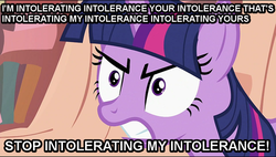 Size: 701x398 | Tagged: safe, twilight sparkle, g4, angry, female, image macro, intolerance, solo