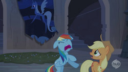 Size: 640x360 | Tagged: safe, applejack, rainbow dash, castle mane-ia, g4, season 4, explicit source