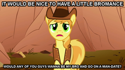 Size: 1011x569 | Tagged: safe, braeburn, earth pony, pony, g4, clothes, hat, image macro, rock, solo, text