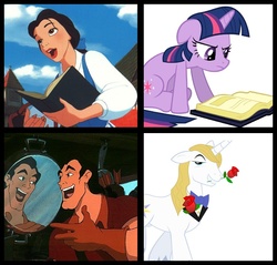 Size: 657x629 | Tagged: safe, prince blueblood, twilight sparkle, g4, beauty and the beast, belle, comparison, disney, disney princess, gaston legume