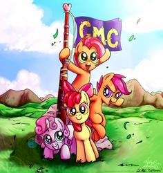 Size: 1200x1273 | Tagged: safe, artist:redapropos, apple bloom, babs seed, scootaloo, sweetie belle, earth pony, pegasus, pony, unicorn, g4, apple bloom's bow, bipedal, blank flank, bow, cloud, cutie mark crusaders, female, filly, flag, foal, freckles, hair bow, open mouth, signature, sky, smiling