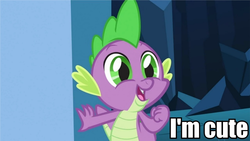 Size: 912x513 | Tagged: safe, edit, edited screencap, screencap, spike, dragon, g4, the crystal empire, baby, baby dragon, captain obvious, caption, crystal empire, cute, fangs, i'm cute, image macro, impact font, male, smiling, solo, spikabetes, text, truth