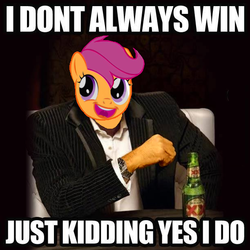 Size: 612x612 | Tagged: safe, scootaloo, g4, beer, dos equis, image macro, the most interesting man in the world, winner