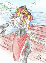 Size: 1139x1568 | Tagged: safe, artist:nayaasebeleguii, sunset shimmer, equestria girls, g4, female, gun, pirate, shimmer me timbers, solo, traditional art, weapon
