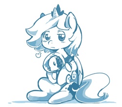 Size: 866x756 | Tagged: safe, artist:ende26, princess luna, g4, cute, female, filly, frown, hug, laika, looking at you, plushie, sigh, sitting, woona, younger