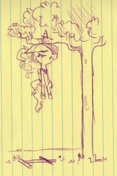 Size: 500x747 | Tagged: safe, artist:herny, princess luna, g4, female, lined paper, pogo stick, solo, stuck, traditional art, tree