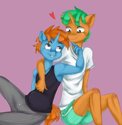 Size: 600x615 | Tagged: dead source, safe, artist:misukitty, snails, snips, anthro, g4, clothes, duo, gay, male, older, older snails, older snips, purple background, ship:snaps, shipping, shirt, shorts, simple background, sitting, stallion, teenager