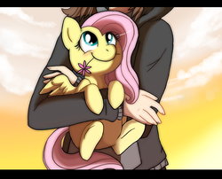 Size: 989x800 | Tagged: safe, artist:pawbit, fluttershy, human, pony, g4, blushing, cute, flower, flower in mouth, holding a pony, hug, mouth hold, shyabetes, smiling, underhoof