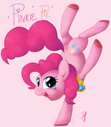 Size: 1971x2249 | Tagged: dead source, safe, artist:imp-oster, pinkie pie, earth pony, pony, g4, cute, diapinkes, element of laughter, female, handstand, hooves, mare, open mouth, pink background, simple background, solo, standing, standing on one leg, unshorn fetlocks